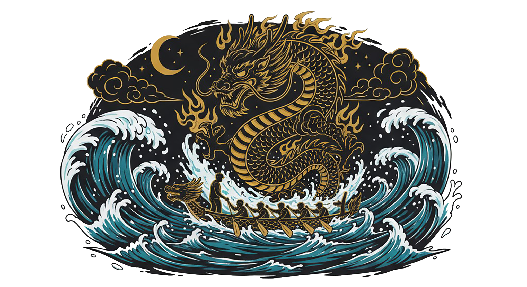 Dragon boat racing through waves