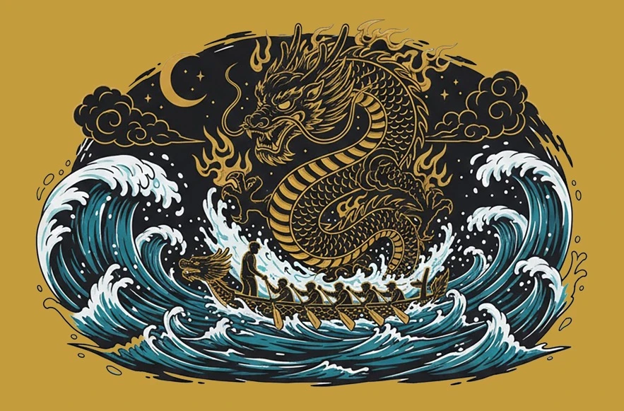 Dragon boat racing through waves